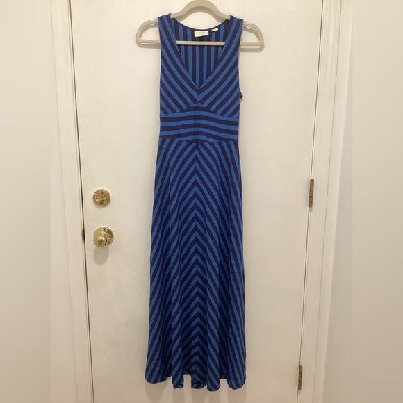 Anthropologie Maeve Only My Striped Dress Maxi Stretch Rib V Neck Fit Flare Blue - Picture 4 of 9